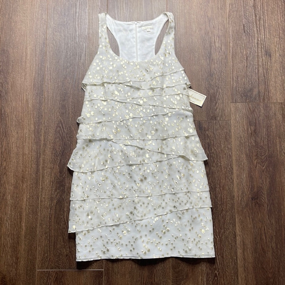 SHOSHANNA Ivory & Metallic Gold Silk Polka Dot Tiered Ruffles Dress
